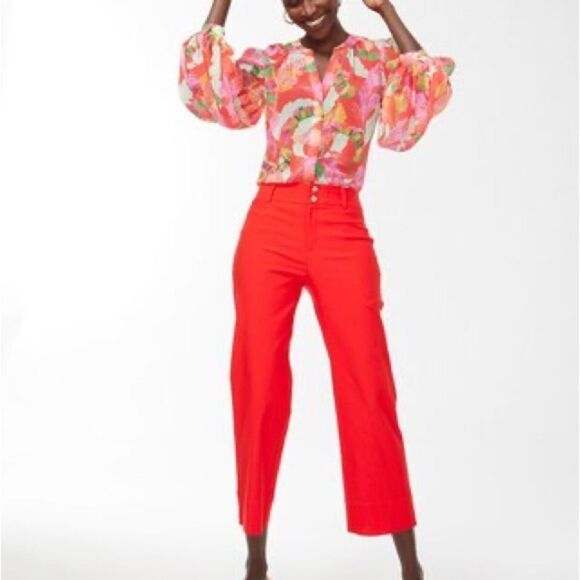 Chicos Georgette Foliage Print LS Blouse Flame Scarlet Size 0.5 NWT in packaging - Picture 2 of 8